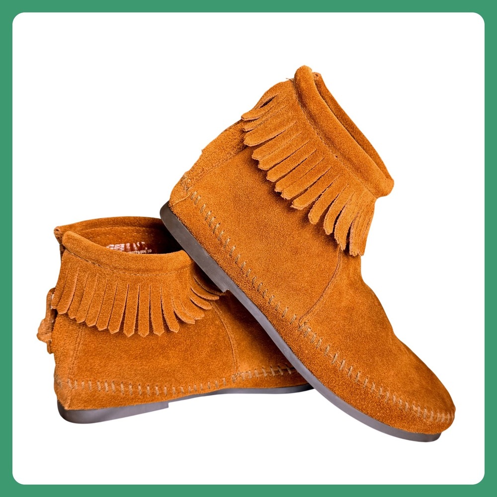 Minnetonka 282 Back Zip Softsole Boot Women 7 Brown Suede Fringe Moccasin Ankle
